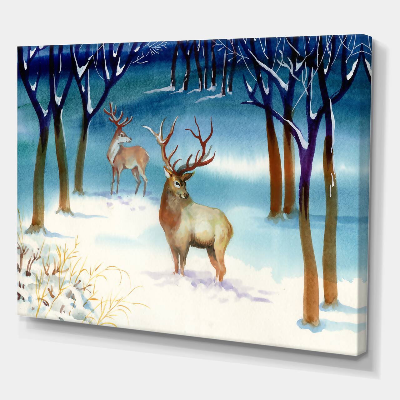 Designart - Winter Landscape With Deers - Traditional Canvas Wall Art Print